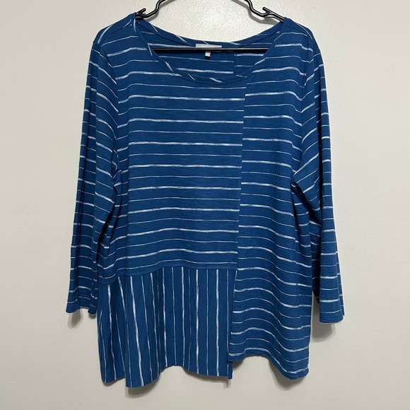 Habitat Tops - Habitat Women's Top XL Blue Striped Asymmetrical 3/4 Sleeve Cotton Tunic Coastal